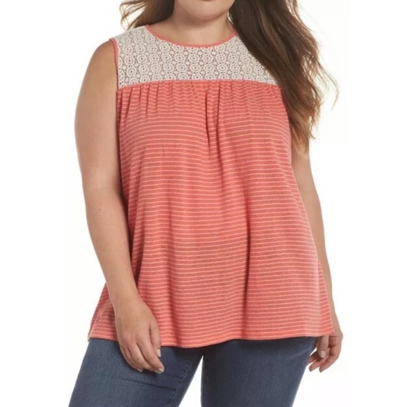 Caslon Tops - Caslon Lace Yoke Stripe Tank Top Plus Size 1X